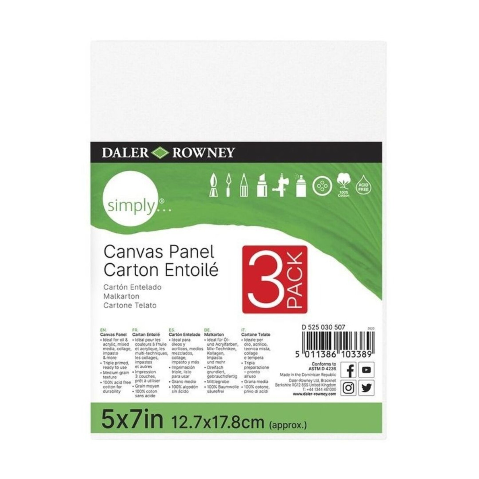DALER ROWNEY SIMPLY CANVAS PANEL 5X7" 3/PACK