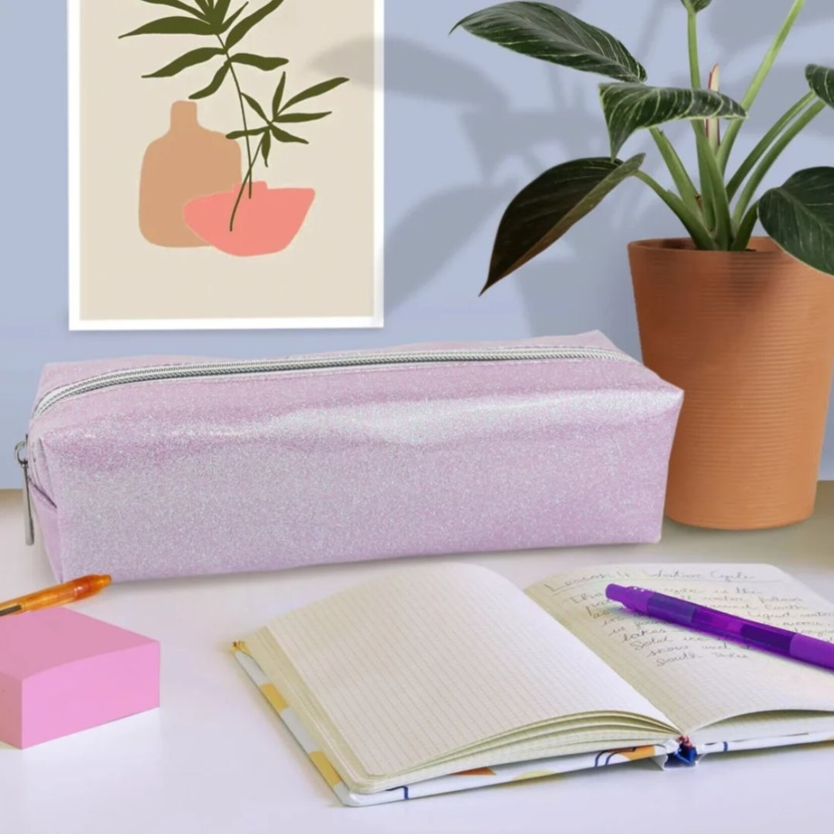 FASHION STATIONERY PINK GLITTER PENCIL CASE
