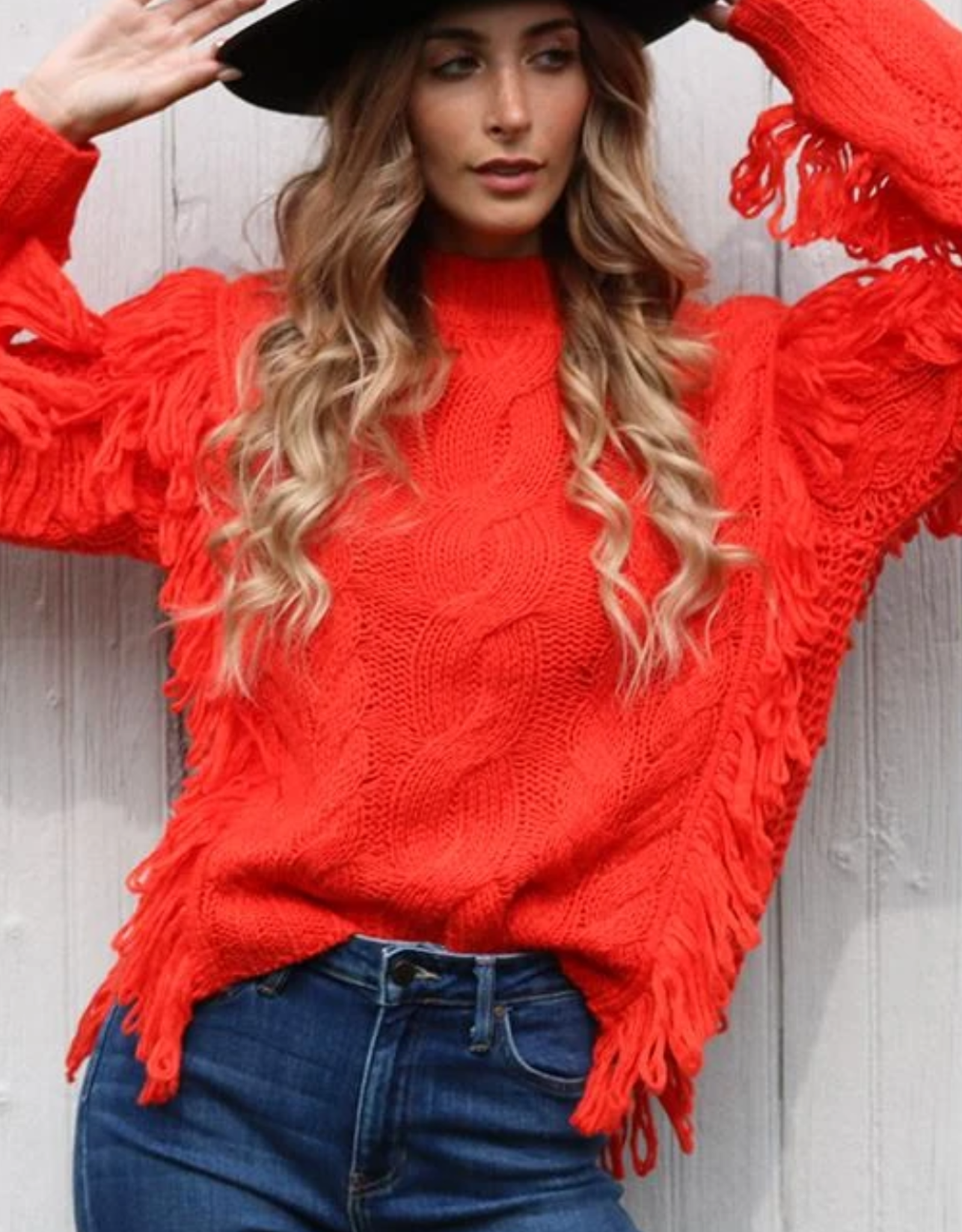 cable knit fringe sweater