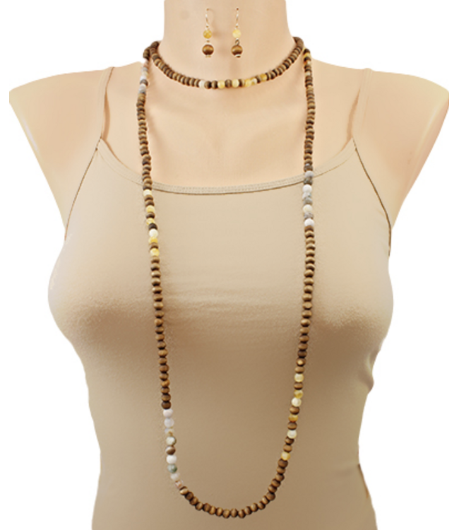 Wood & Stone Ball Long Necklace