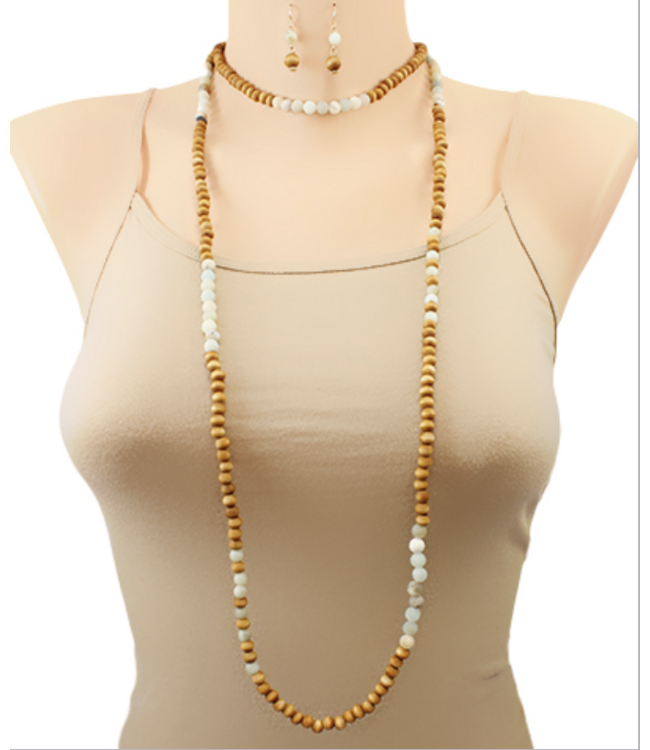 Wood & Stone Ball Long Necklace