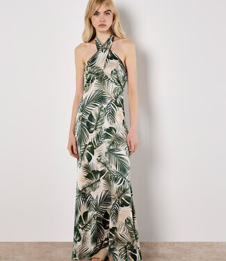 Apricot Tropical Leafy Satin Dress