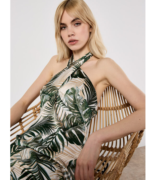 Tropical Leafy Satin Dress