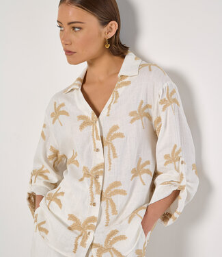 Embroidered Palm Trees Linen Mix Shirt