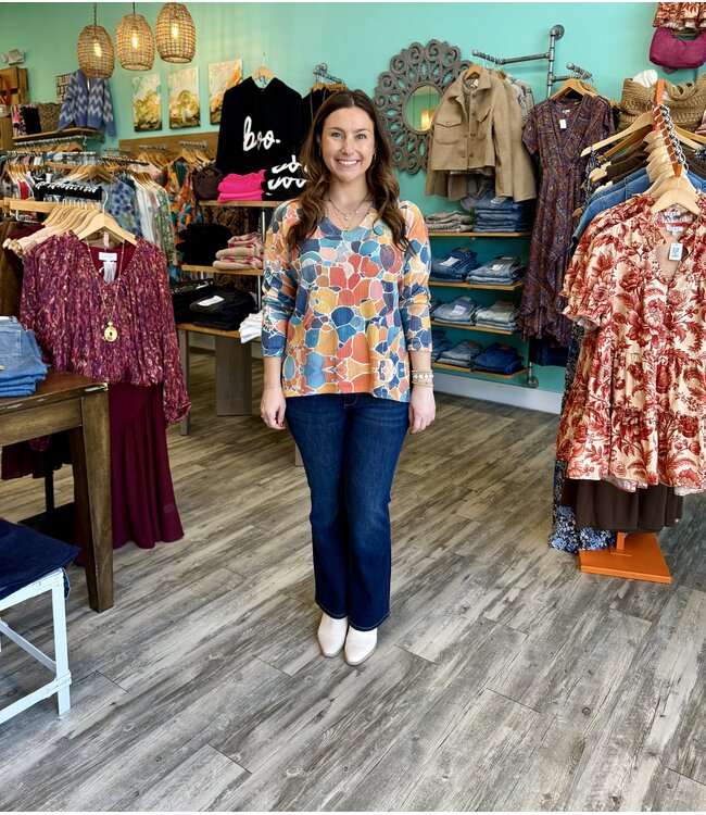 Printed Stones Ribbed V-Neck Top