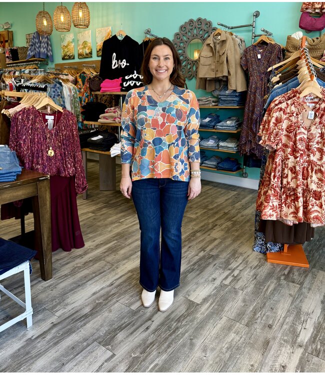 Printed Stones Ribbed V-Neck Top