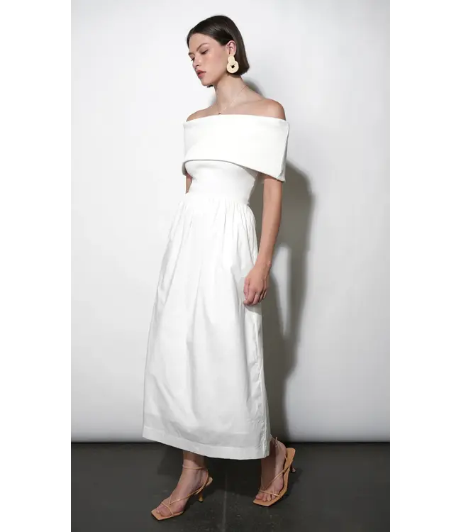 Greylin Marjorie Mixed Media Off Shoulder Midi Dress