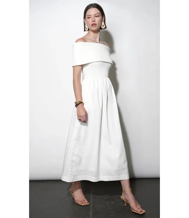 Greylin Marjorie Mixed Media Off Shoulder Midi Dress