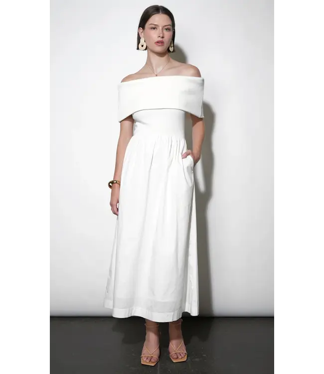 Greylin Marjorie Mixed Media Off Shoulder Midi Dress