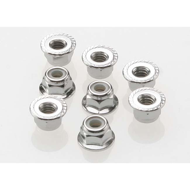 TRX-3647 Traxxas Nuts, 4mm flanged nylon locking (steel, serrated) (8)