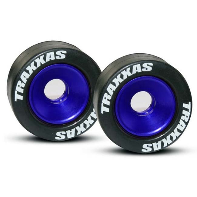 TRX-5186A Traxxas Wheels, aluminum (blue-anodized) (2)/ 5x8mm ball bearings (4)/ axles (2)/ rubber tires (2)