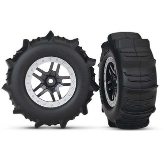 TRX - Traxxas TRX-5891 Traxxas Tires & wheels, assembled, glued (SCT Split-Spoke satin chrome, beadlock style wheels, paddle tires, foam inserts) (2) (4WD front/rear, 2WD rear only) (TSM rated)