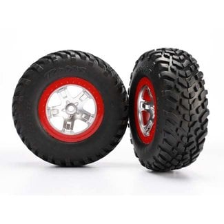 TRX - Traxxas TRX-5873R Traxxas Tires & wheels, assembled, glued (SCT satin chrome red beadlock wheels, ultra-soft S1 compound off-road racing tires, inserts) (2) (2WD rear, 4WD f/r)