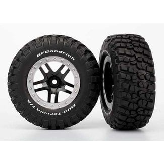 TRX - Traxxas TRX-5883 Traxxas Tires & wheels, assembled, glued (SCT Split-Spoke, black, satin chrome beadlock wheels, BFGoodrich® Mud-Terrain™ T/A® KM2 tire, foam inserts) (2) (4WD f/r, 2WD rear)