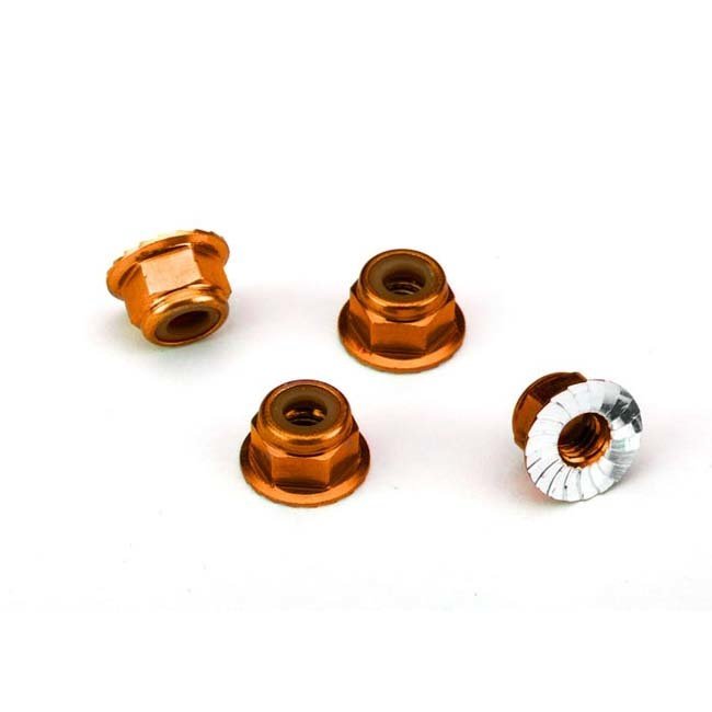 1747T Nuts, aluminum, flanged, serrated (4mm) (orange-anodized) (4)