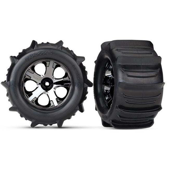 TRX-4175 Traxxas Tires & wheels, assembled, glued (2.8') (All-Star black chrome wheels, paddle tires, foam inserts) (nitro rear/electric front) (2) (TSM rated)