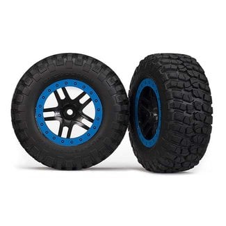 TRX - Traxxas TRX-5883A Traxxas Tire & wheel assy, glued (SCT Split-Spoke, black, blue beadlock wheels, BFGoodrich® Mud-Terrain™ T/A® KM2 tire, inserts) (2) (4WD f/r, 2WD rear)