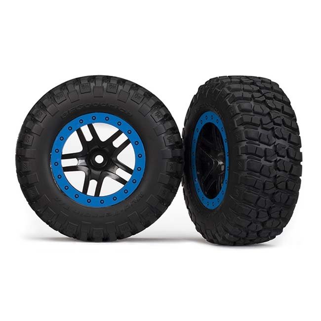 TRX-5883A Traxxas Tire & wheel assy, glued (SCT Split-Spoke, black, blue beadlock wheels, BFGoodrich® Mud-Terrain™ T/A® KM2 tire, inserts) (2) (4WD f/r, 2WD rear)
