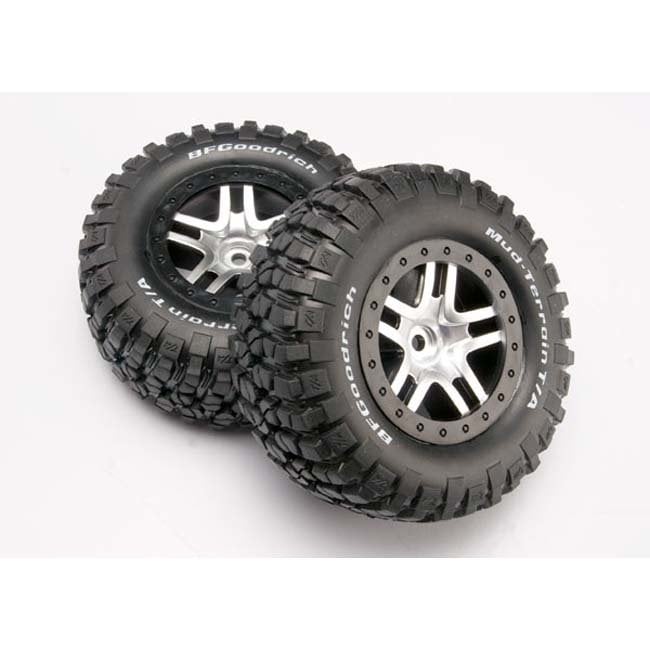 TRX-6873 Traxxas Tires & wheels, assembled, glued (SCT Split-Spoke satin chrome, black beadlock style wheels, BFGoodrich® Mud-Terrain™ T/A® KM2 tires, foam inserts) (2) (4WD f/r, 2WD rear) (TSM rated)