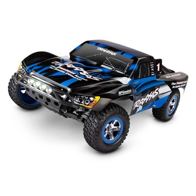 TRX-58034-61-BLU Traxxas Slash: 1/10-Scale 2WD Short Course Racing Truck.  Ready-To-Race® with TQ™ 2.4GHz radio system, XL-5 ESC (fwd/rev), and LED lights.  Includes: 7-Cell NiMH 3000mAh Traxxas® battery