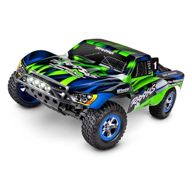 TRX-58034-61-GRN Traxxas Slash: 1/10-Scale 2WD Short Course Racing Truck.  Ready-To-Race® with TQ™ 2.4GHz radio system, XL-5 ESC (fwd/rev), and LED lights.  Includes: 7-Cell NiMH 3000mAh Traxxas® battery