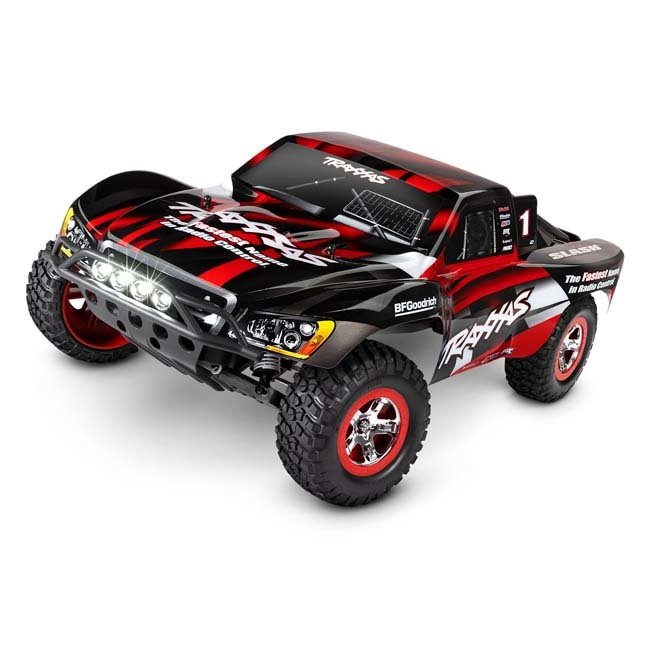 TRX-58034-61-RED Traxxas Slash: 1/10-Scale 2WD Short Course Racing Truck.  Ready-To-Race® with TQ™ 2.4GHz radio system, XL-5 ESC (fwd/rev), and LED lights.  Includes: 7-Cell NiMH 3000mAh Traxxas® battery