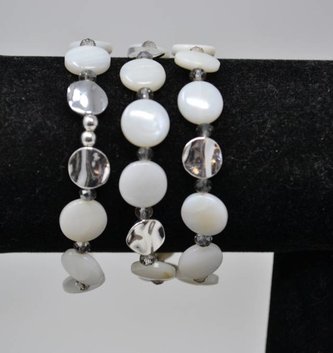 Cream & Silver Beaded Disc Stretch Bracelet Trio