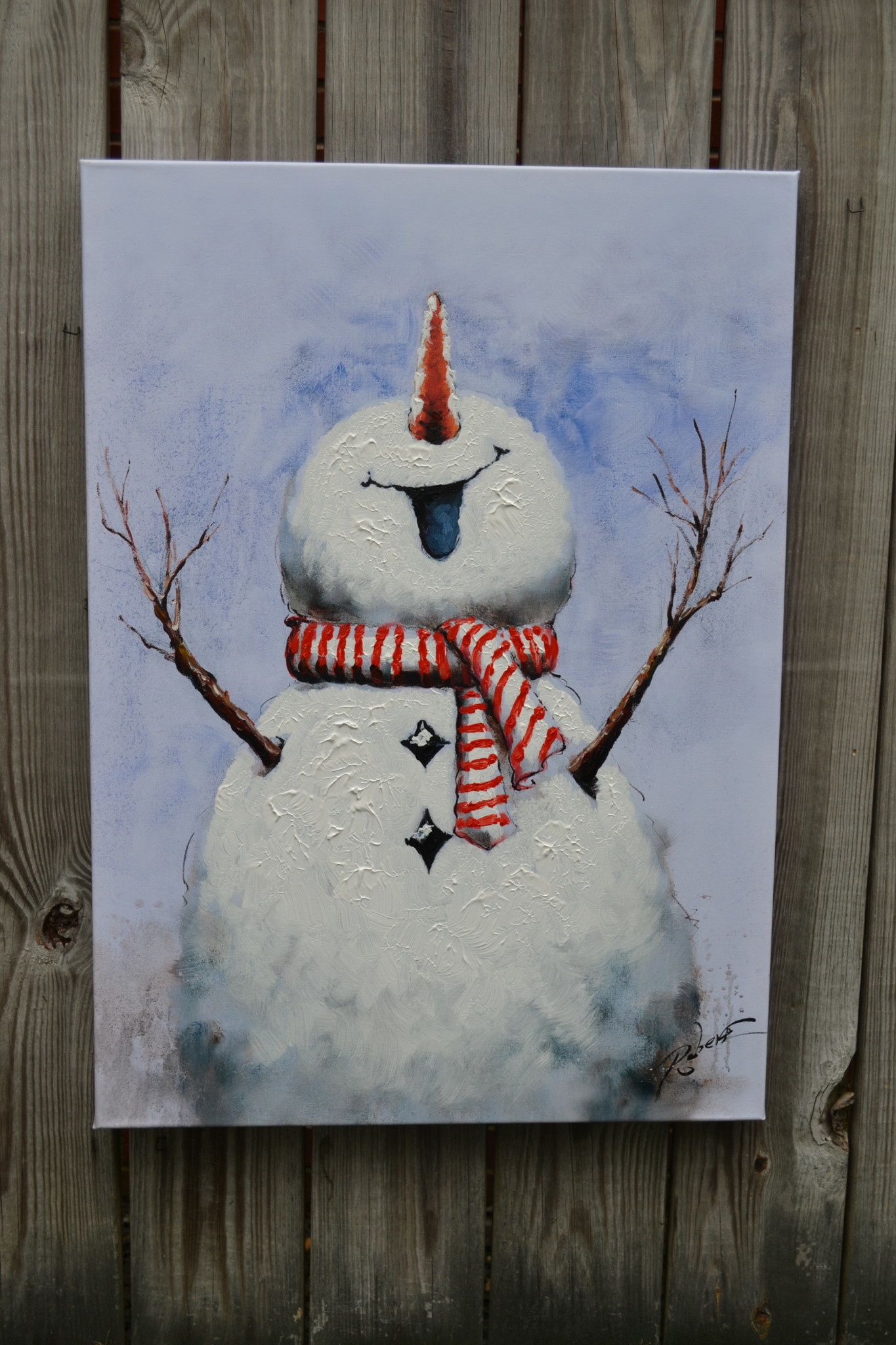Joyous Snowman Painted Canvas Print