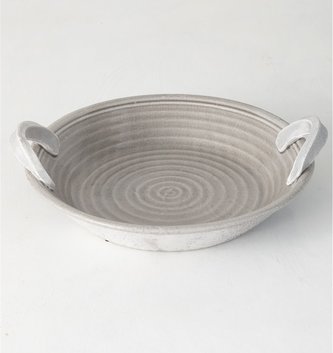 Circular Gray Pottery Bowl with Handles