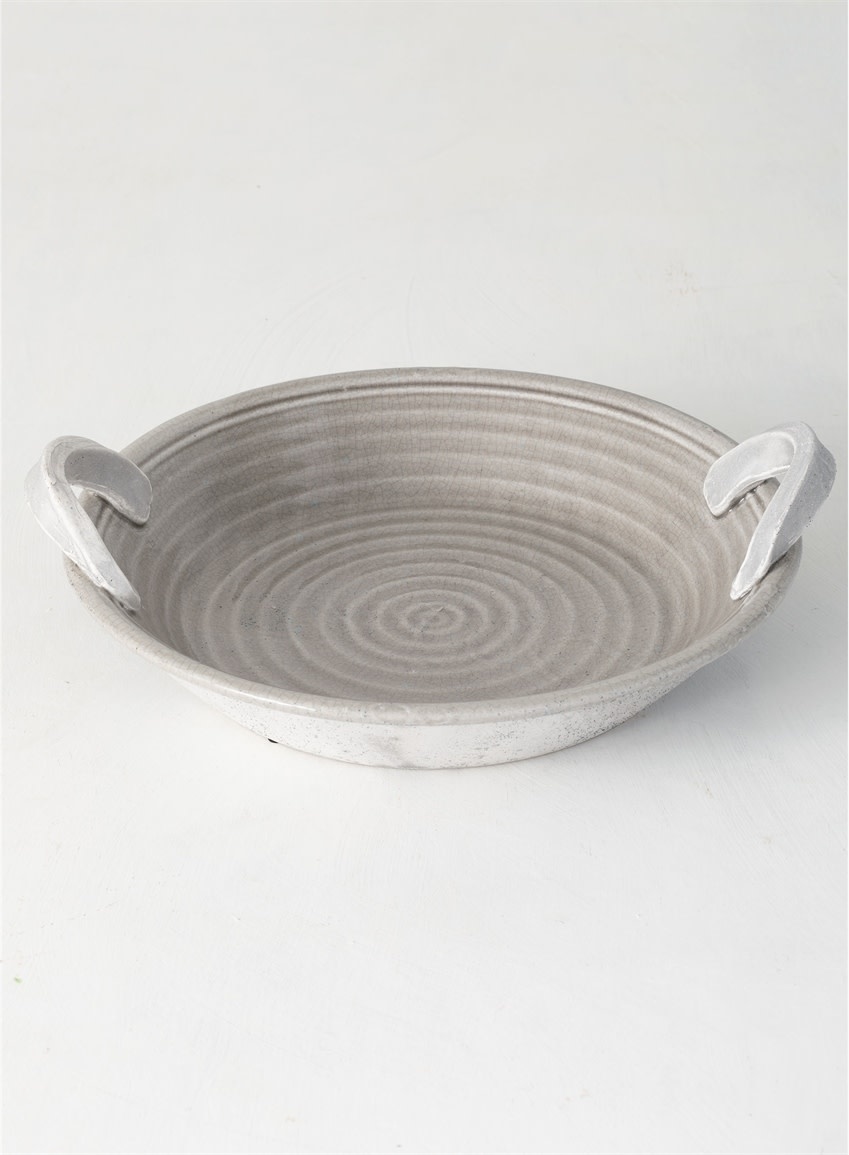 Circular Gray Pottery Bowl with Handles