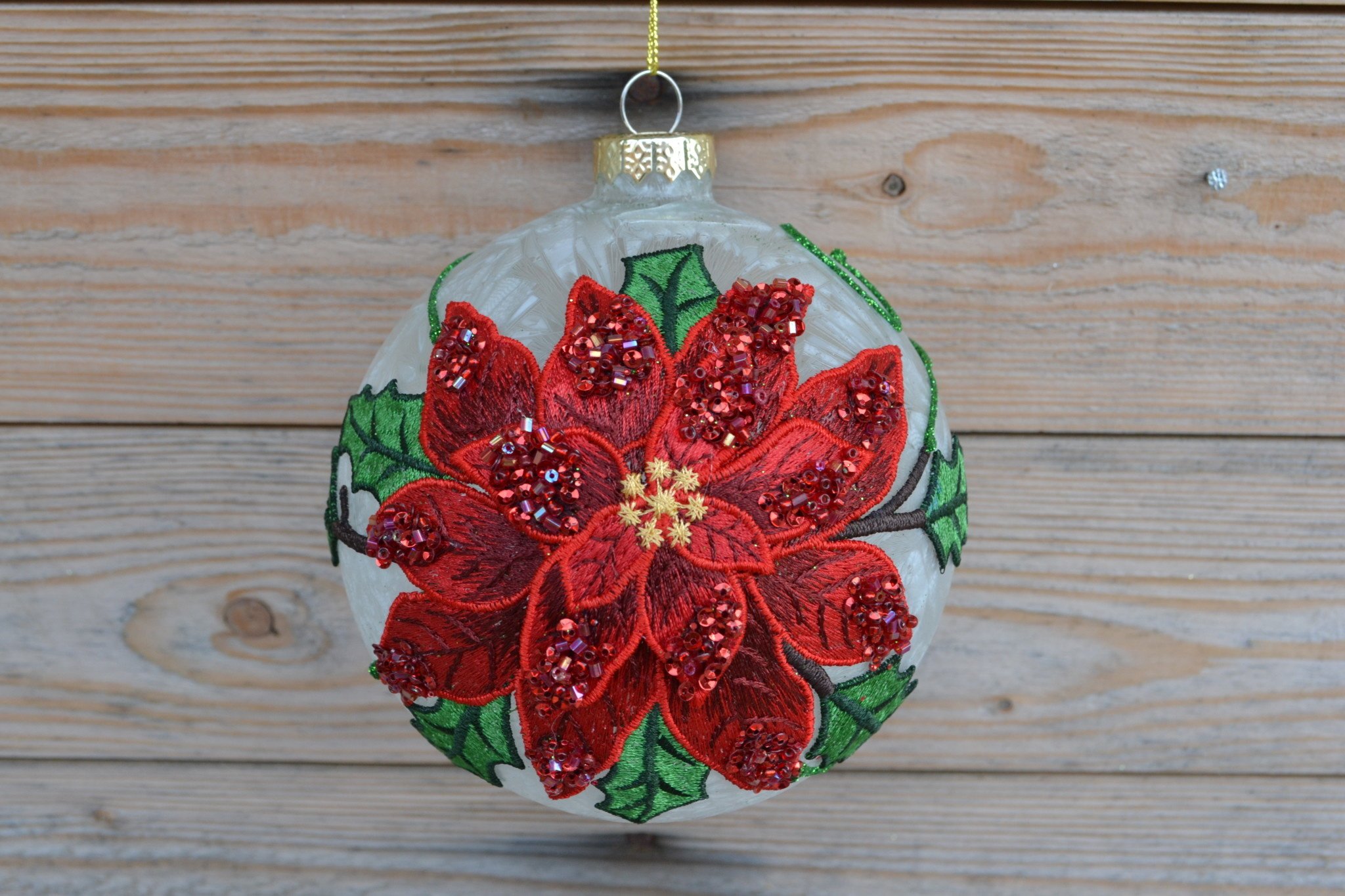 Embroidered Poinsettia Frost Ball Ornament