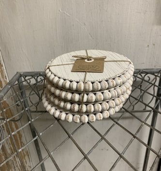 Set of 4 White Beaded Wood Coasters