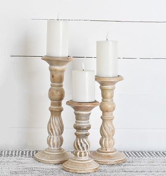 Set of 3 Carved Swirl Wooden Candlesticks
