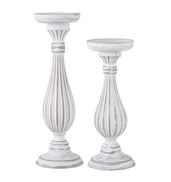 Set of 2 White Distressed Candle Sticks