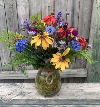 Custom Fields of Flowers in Glass Rope Handle Container