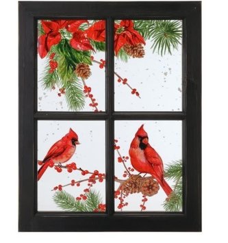 Cardinals & Poinsettia on Vintage Window Pane Wall Art