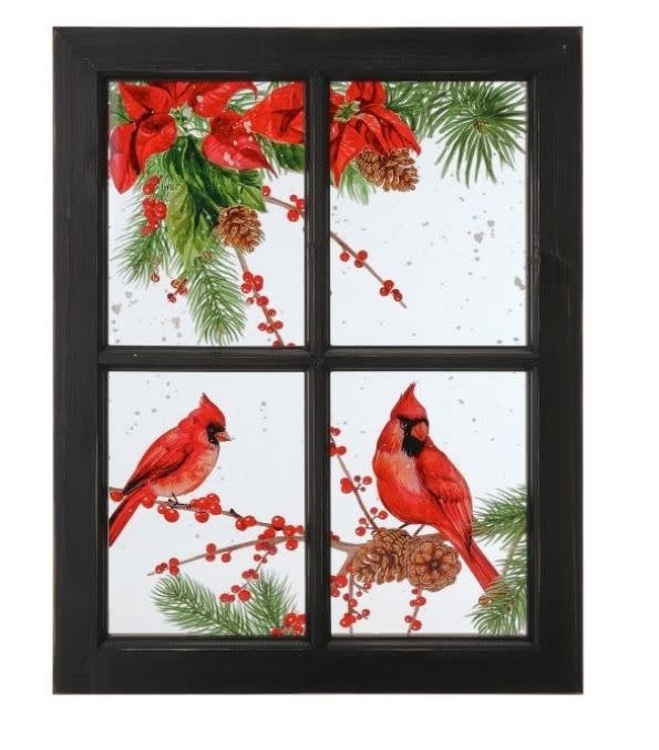 Cardinals & Poinsettia on Vintage Window Pane Wall Art