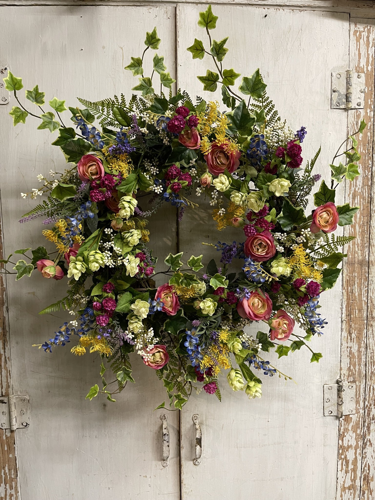 Custom Pink Garden Ranunculus & Wildflowers Wreath