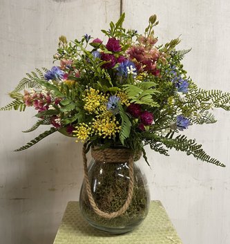 Custom Pink Lupine & Wildflowers in Glass Vase w/Rope Handle