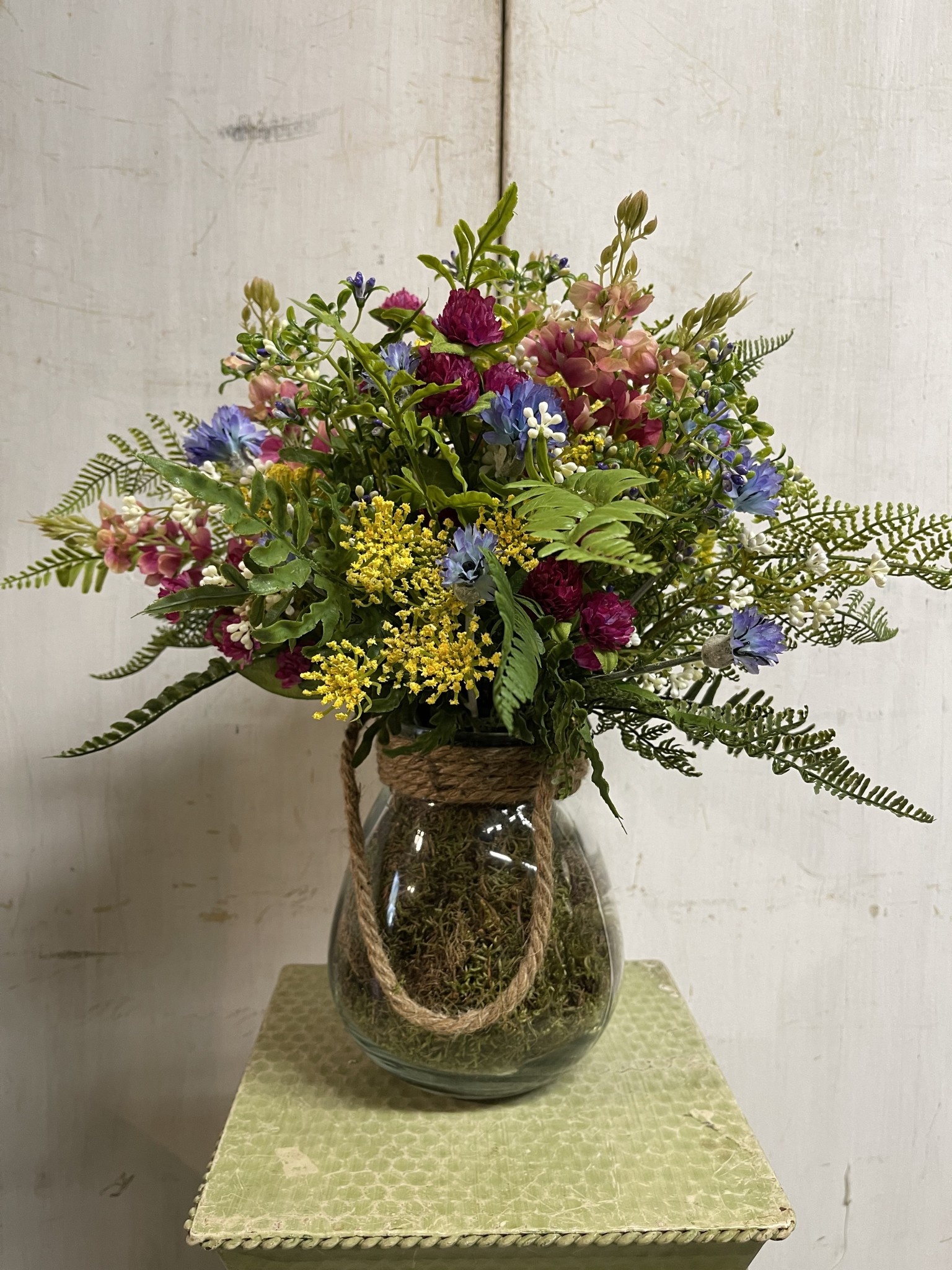 Custom Pink Lupine & Wildflowers in Glass Vase w/Rope Handle
