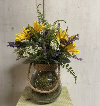Custom Summer Sunflower in Glass Container w/Rope Handle