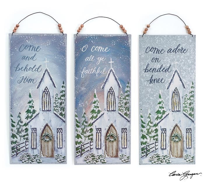 Beaded Metal Snowy Church Sign (3-Styles)