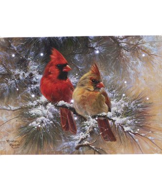 LED Tabletop Cardinal Couple on Snowy Branch Canvas