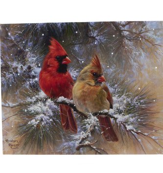LED Cardinal Couple on Snowy Branch Canvas