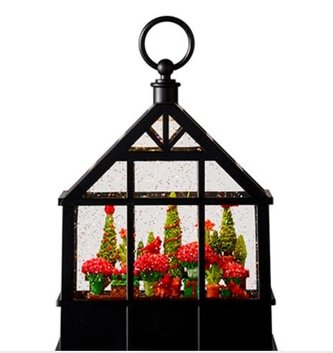 USB Rechargeable LED Greenhouse with Potted Plants & Cardinals Snowglobe