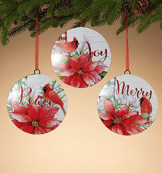 Round Disk Cardinal Poinsettia Ornament (3-Styles)