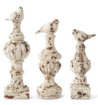 Set of 3 Whitewashed Finials w/ Birds