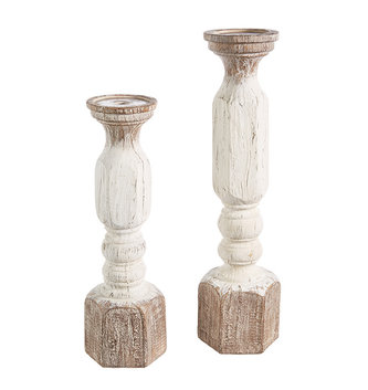 Set of 2 Wooden Carved Candlesticks