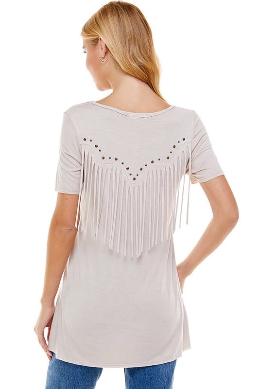 Taupe Bejeweled Fringed Mineral Wash Shirt By: T-Party