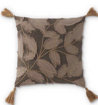 Square Gray Pillow w/ Leaf Embroidered Applique
